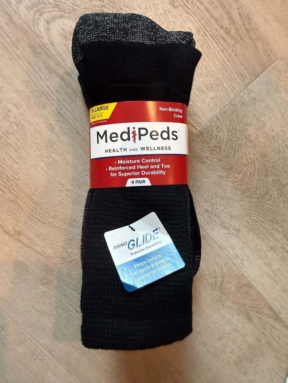 MediPeds Men's Non-Binding Crew Socks with NanoGLIDE Technology, Black, X-Large,